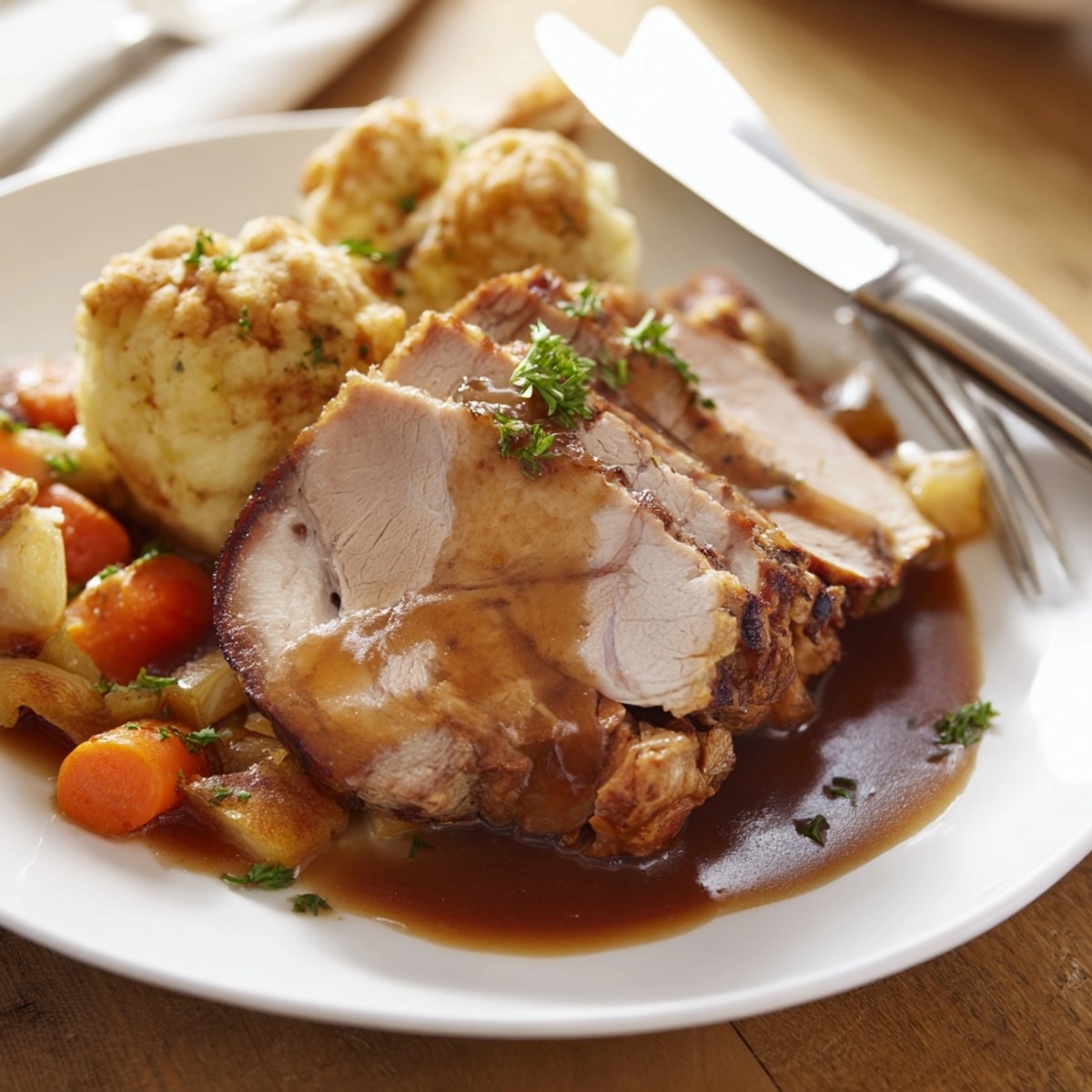 Saftiger Schweinebraten mit lockeren Kartoffelknödeln, übergossen mit aromatischer Bratensauce, servierfertig.
