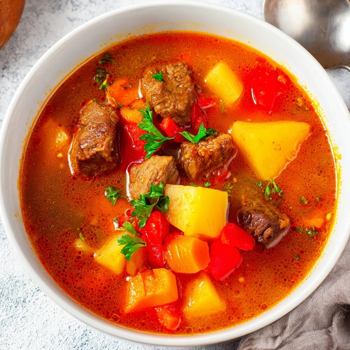 Aromatische Gulaschsuppe in einer Schüssel, vollgepackt mit frischem Gemüse und Gewürzen.