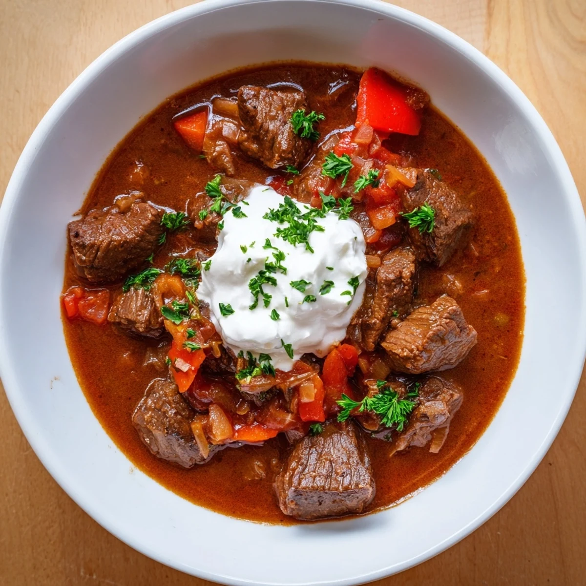 Saftiger Beef Goulash mit zartem Rindfleisch und aromatischen Gewürzen für kalte Tage.