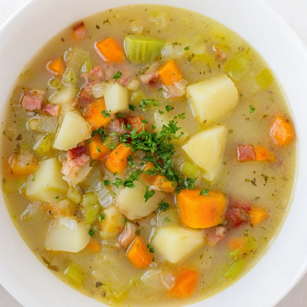 Eintopf mit sanften Kartoffeln und herzhaften Gemüsen im deutschen Kartoffelsuppen-Rezept.