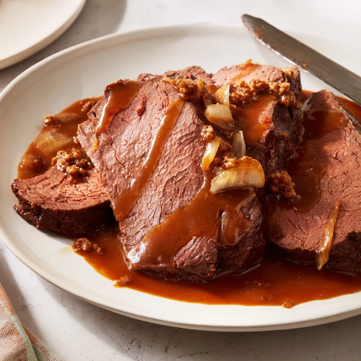 Klassischer Rhineland Sauerbraten mit zartem Rindfleisch und würziger Sauce.