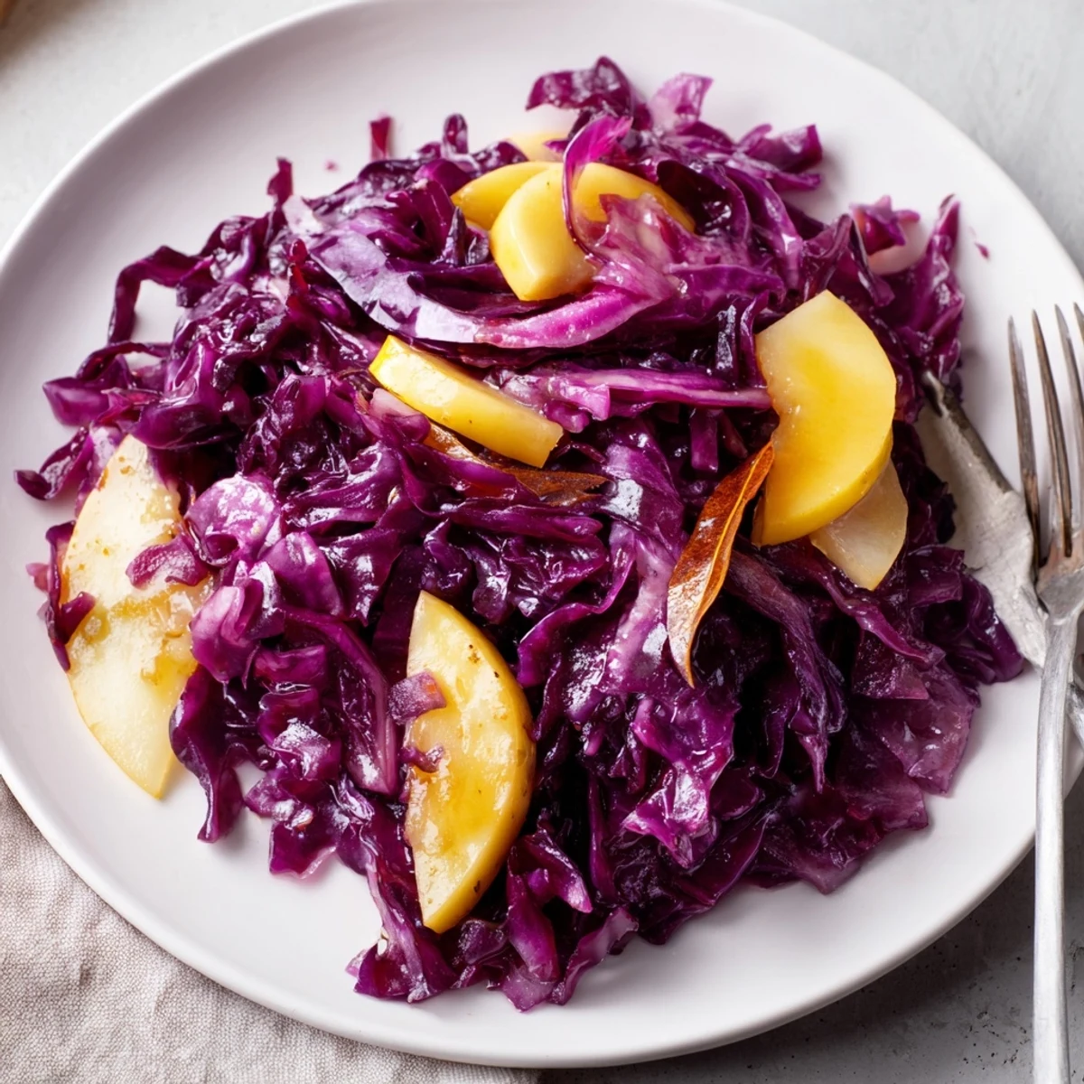 Ein köstliches Rezept für gebratenen Rotkohl mit Äpfeln, das aromatisch dampft.  